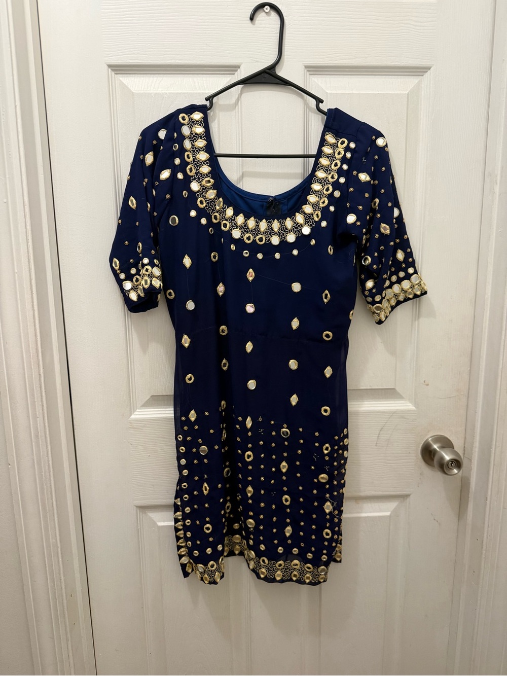 India Boutique Navy Blue Short Kurta with Gold Mirror Work